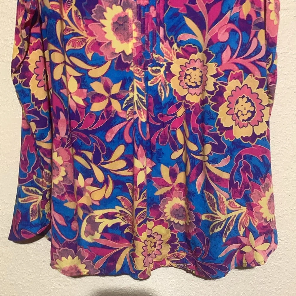 Terra & Sky Top 2X Blue Pink Yellow Floral Sleeveless Front Buttons Viscose - Picture 14 of 16